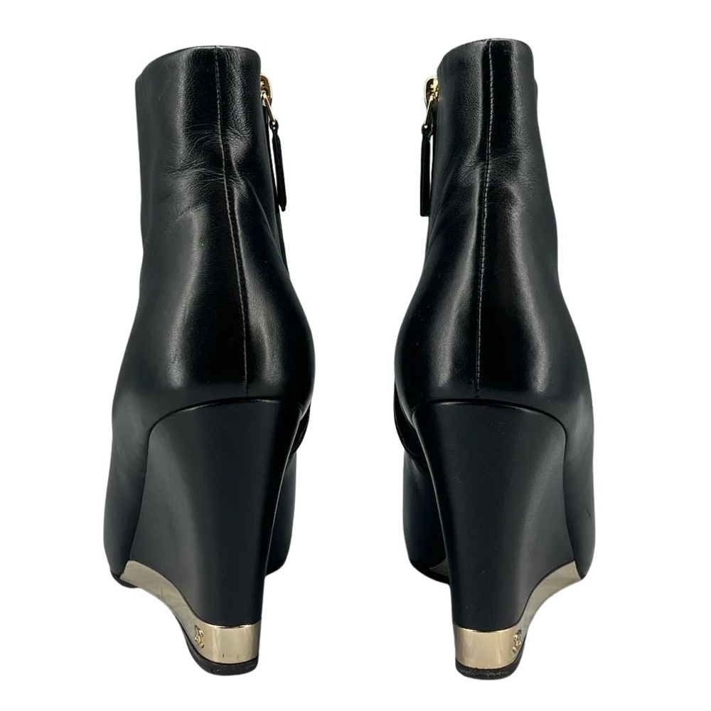 Chanel Black Lambskin Leather Wedge Ankle Boots Gold CC Trim - Picture 4 of 7